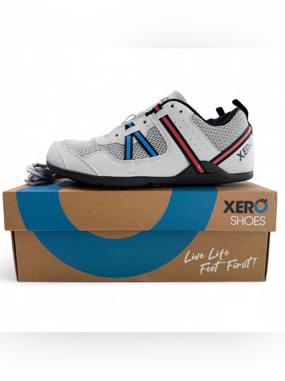 Xero Prio-Lunar Men Athletic Shoes in White with Black, Red & Blue Accents.